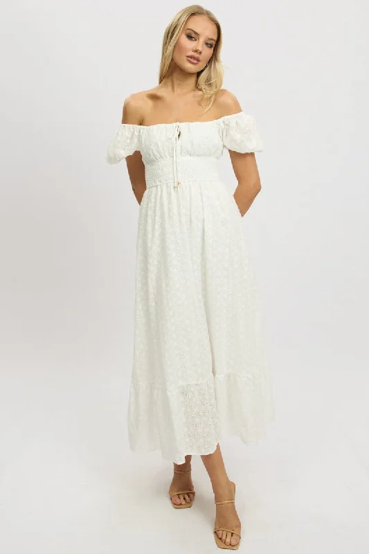 White Maxi Dress Puff Sleeve Eyelet Fabric Classic Solid Maxi Dress