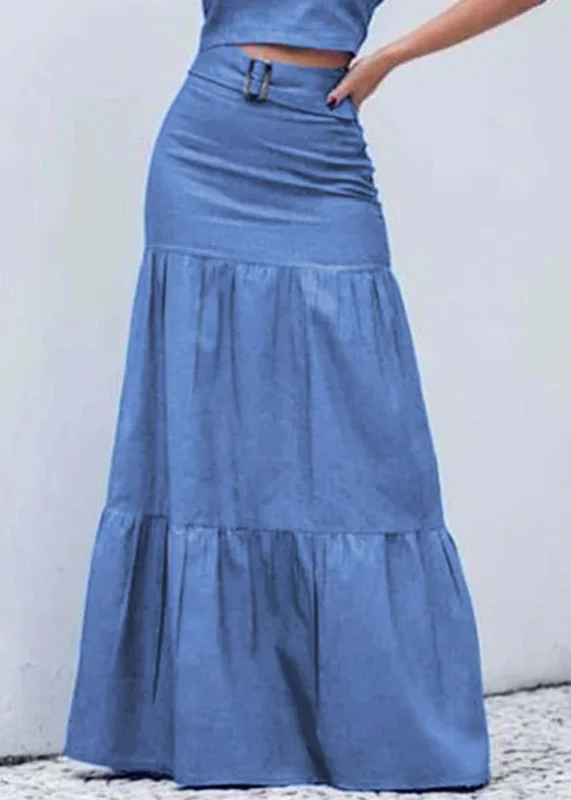 Boutique Blue High Waist Patchwork Wrinkled Denim Skirt Summer velvet skirt luxurious