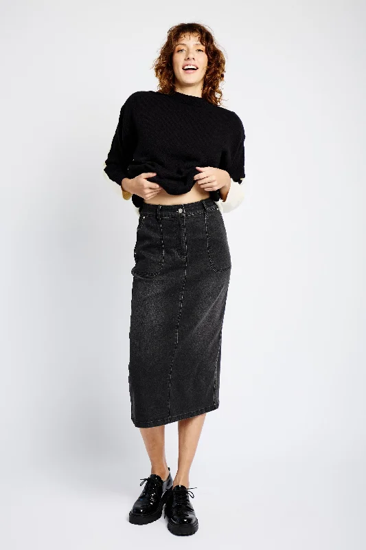 Denim Skirt with Back Slit in Black belted skirt waist