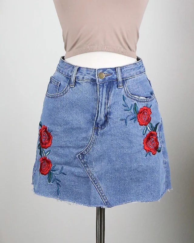 Raw Hem Rose/Floral Embroidery Denim Skirt in Medium Wash cotton skirt soft