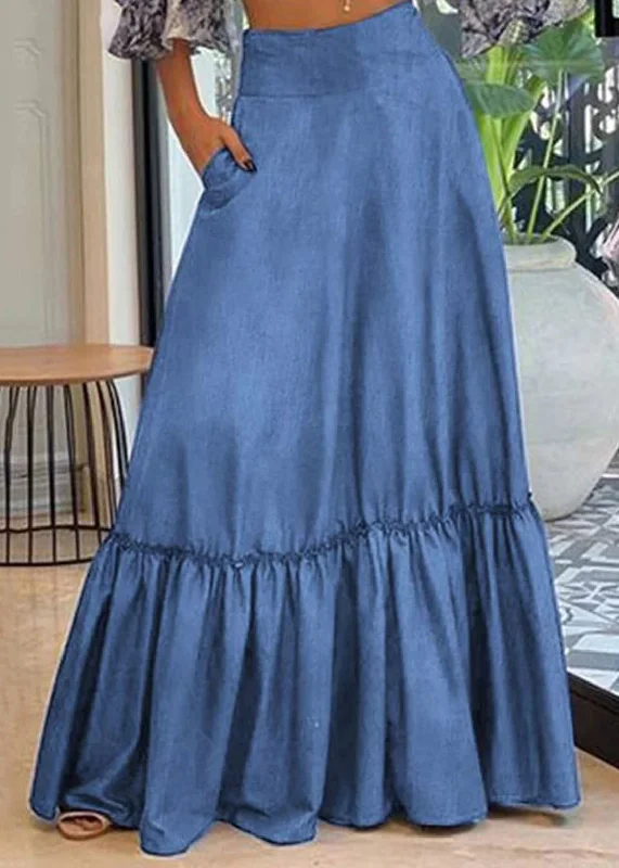 Handmade Blue Wrinkled Patchwork High Waist Denim Maxi Skirt Summer lace skirt romantic