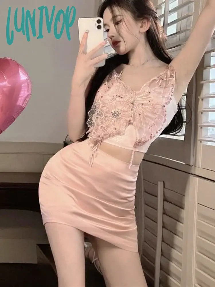 Lunivop Butterfly Vintage Elegant Two Piece Set Women Lace Korean Sexy Mini Skirts Suit Female Chic Pink Vest + Designer Skirt lace skirt intricate