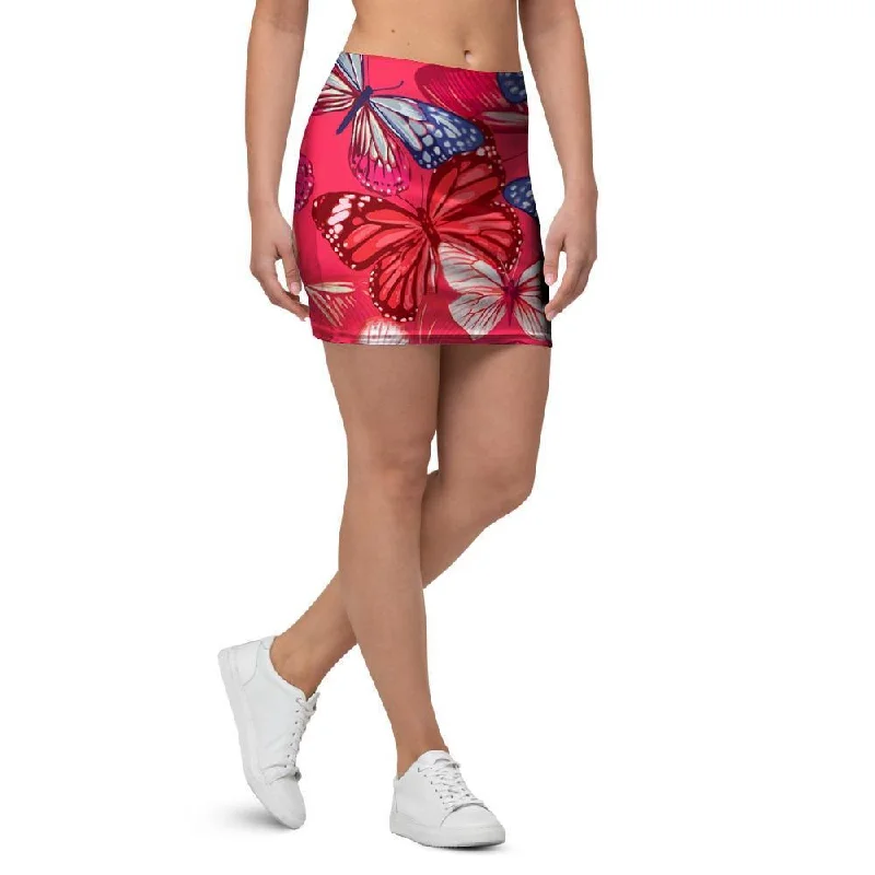 Red and Blue Butterfly Print Mini Skirt denim skirt fashionable