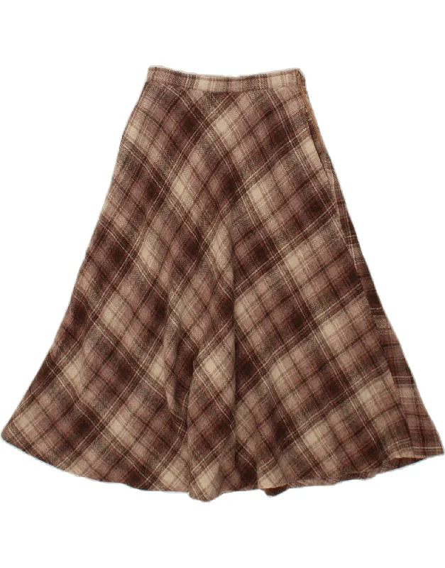 VINTAGE Womens A-Line Skirt IT 42 Medium W26 Brown Plaid Wool linen skirt breathable