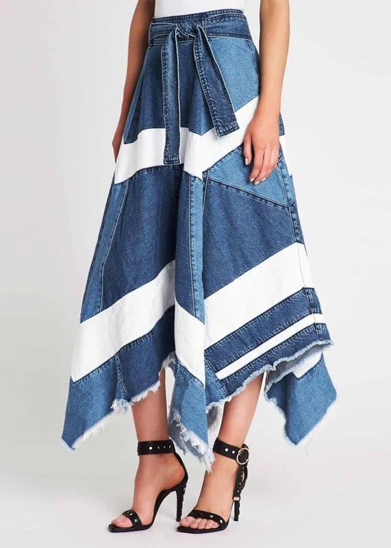 Women Blue Asymmetrical Patchwork Denim A Line Skirts Summer silk skirt elegant