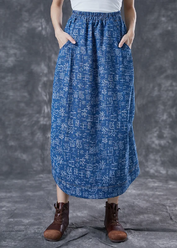 Women Blue Elastic Waist Print Denim Skirts Summer satin skirt smooth