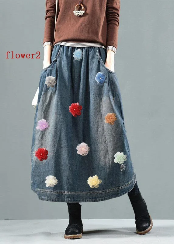 Blue-Colorful flowers Pockets Retro Patchwork Summer Skirts Denim wool skirt warm