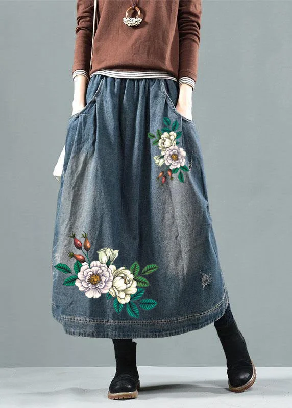 Blue-white flower Pockets Retro Patchwork Summer Skirts Denim vintage skirt charm