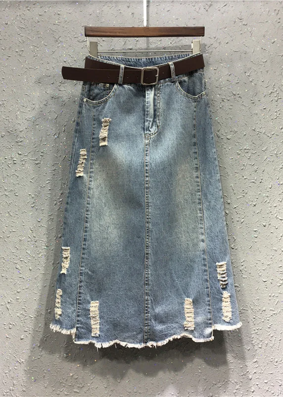 Casual Blue Patchwork Elastic Waist Sashes Denim A Line Skirts pleated skirt texture