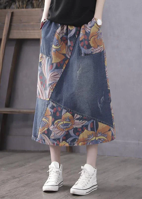 Casual Blue Pockets Print Patchwork Elastic Waist Denim Skirt Spring chiffon skirt delicate