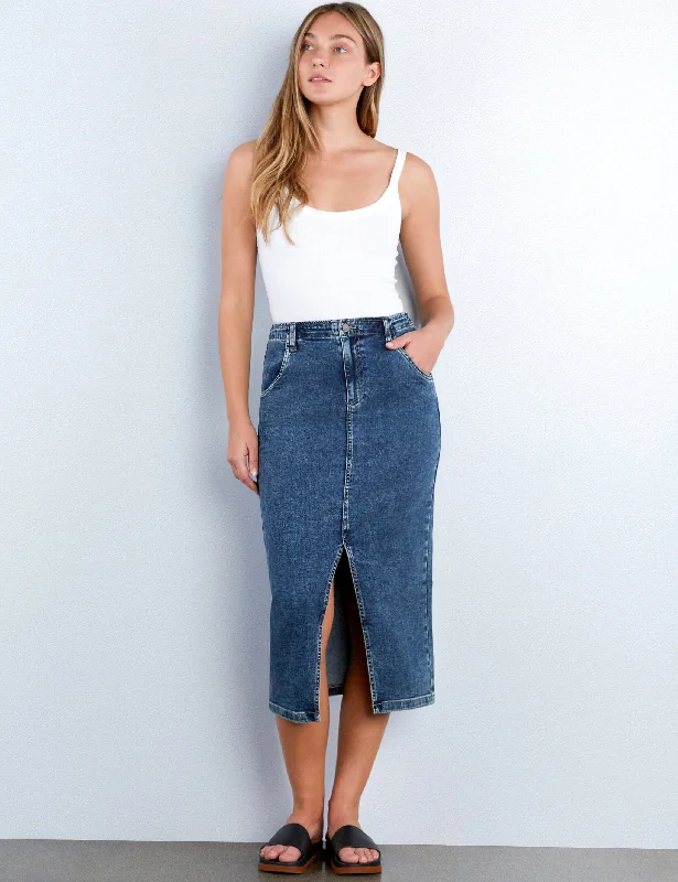 Daily Slit Denim Midi Skirt ribbed skirt waist