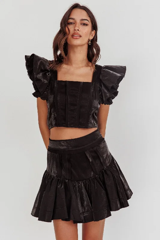 Debutante Drop Yoke Ruffle Skirt Black denim skirt fashionable