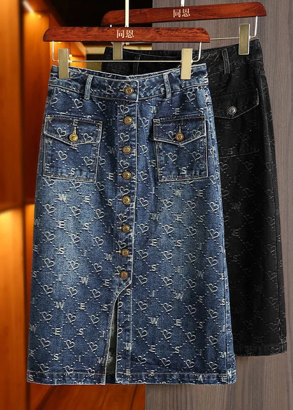 Fashion Blue Print Patchwork High Waist Denim A Line Skirt Summer silk skirt lustrous