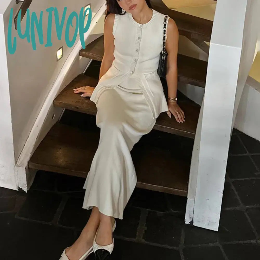 Lunivop Summer Fashion Knitted Skirt Suit Sleeveless Vest Pocket Slit High Waist Long Skirt Elegant White Ribbed Knitwear Outfits tulle skirt dreamy