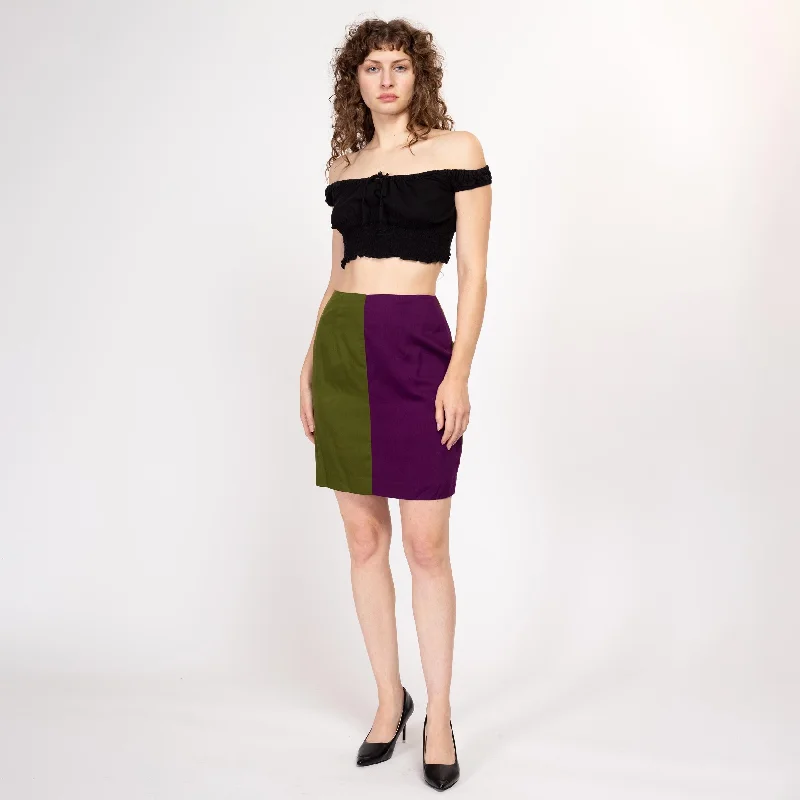 Medium 90s Green & Purple Color Block Mini Skirt silk skirt lustrous