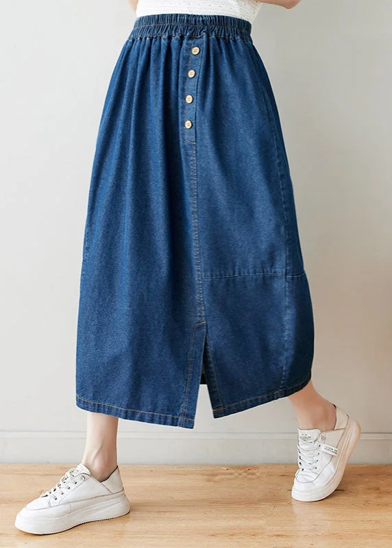 Modern Navy Wrinkled Pockets Elastic Waist Patchwork Denim Skirts Summer linen skirt light