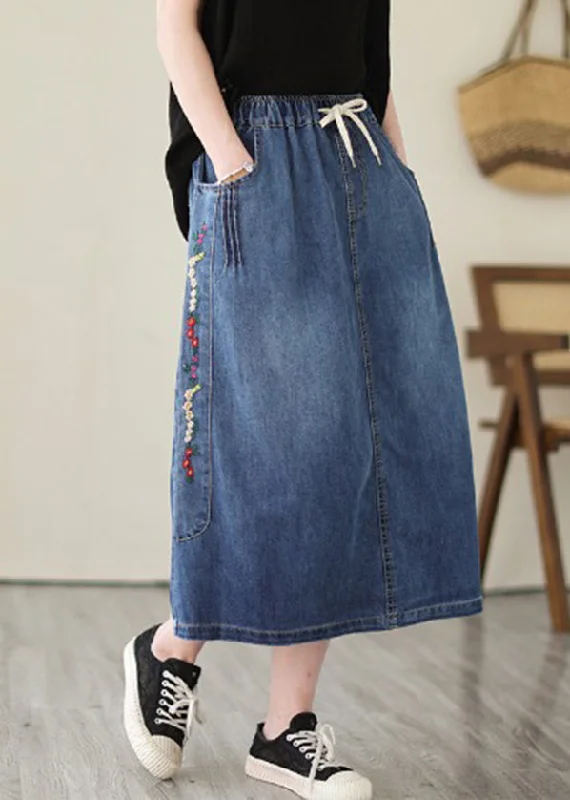 Plus Size Blue Embroideried Pockets Denim Skirts Summer chiffon skirt airy