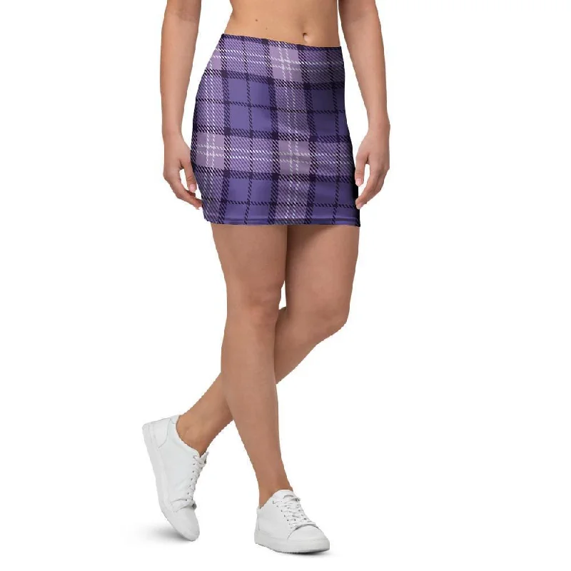 Purple Plaid Tartan Mini Skirt button skirt front