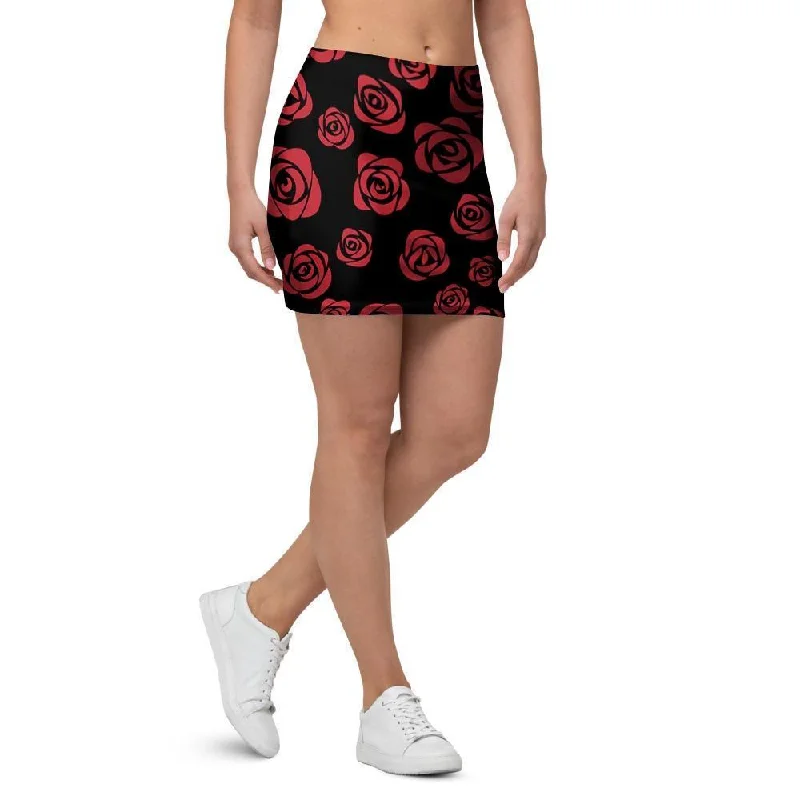 Red Rose Floral Doodle Mini Skirt denim skirt stylish