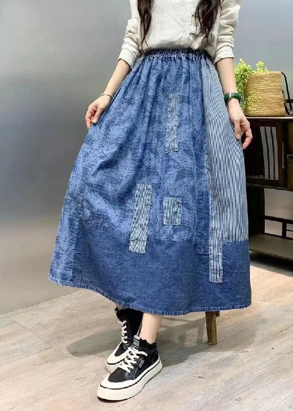 Retro Blue Wrinkled Pockets Print Patchwork Denim Skirts Summer linen skirt breathable