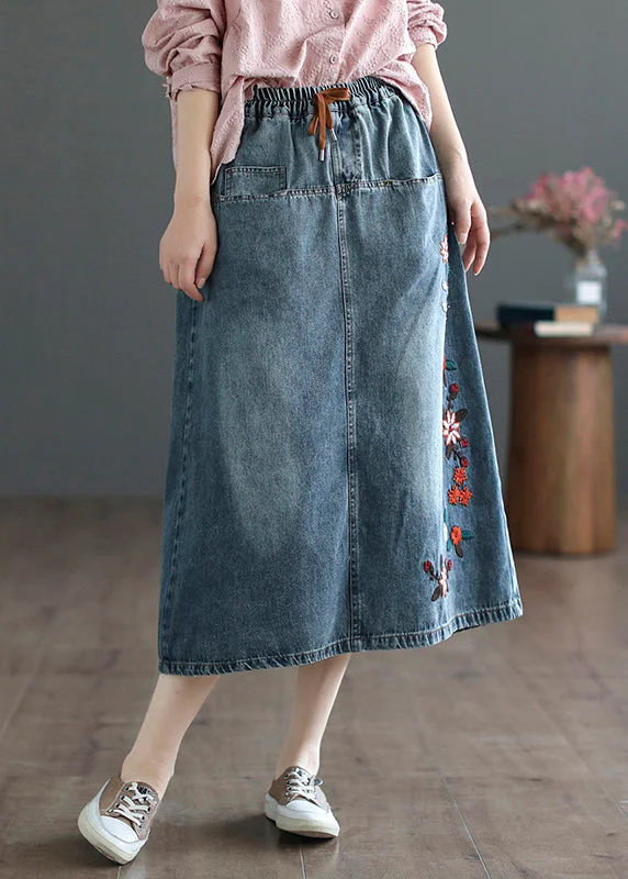 Style Blue Embroideried Patchwork Elastic Waist Denim A Line Skirts Summer cashmere skirt rich