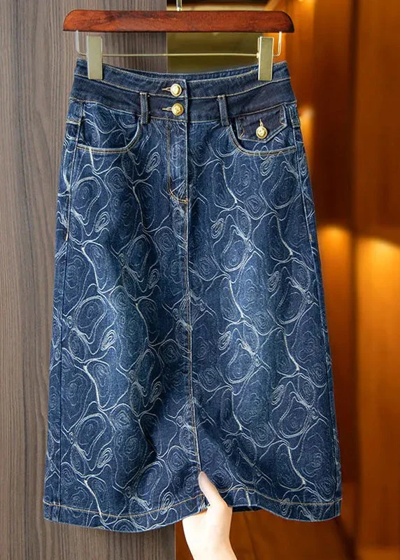 Vintage Blue Print High Waist Button Denim A Line Skirts Summer lace skirt elegant