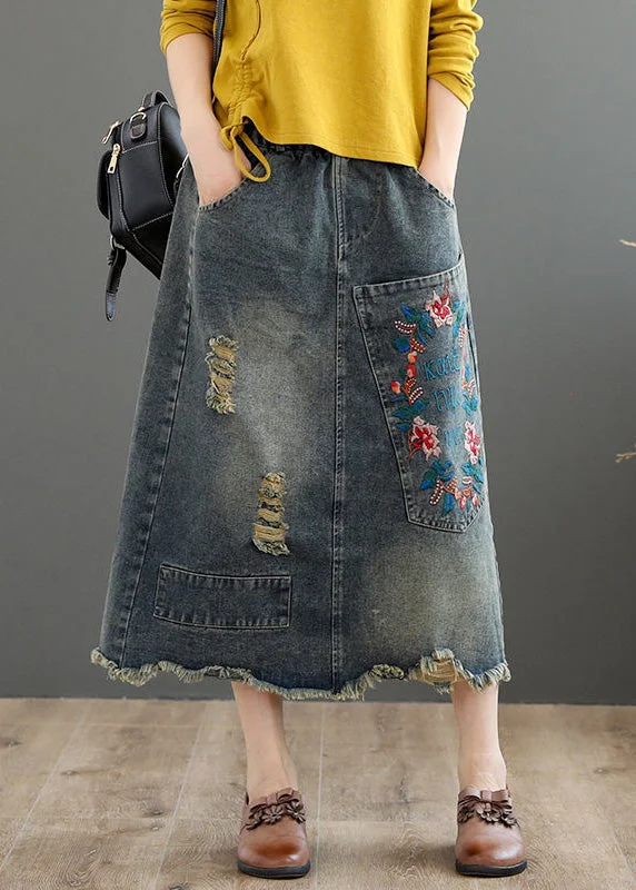 Vintage Grey Asymmetrical Embroideried Patchwork High Waist Denim Maxi Skirts Summer cashmere skirt fine