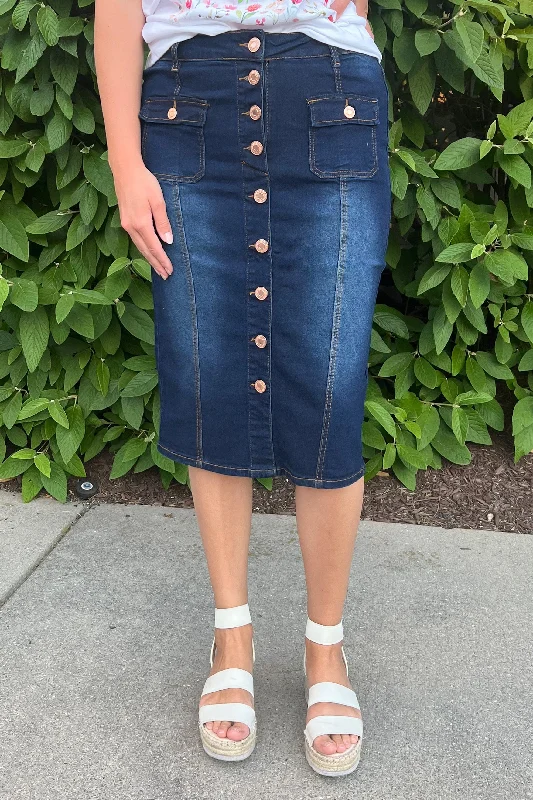 Zoey Button Down Denim Skirt in Dk. Indigo corduroy skirt durable